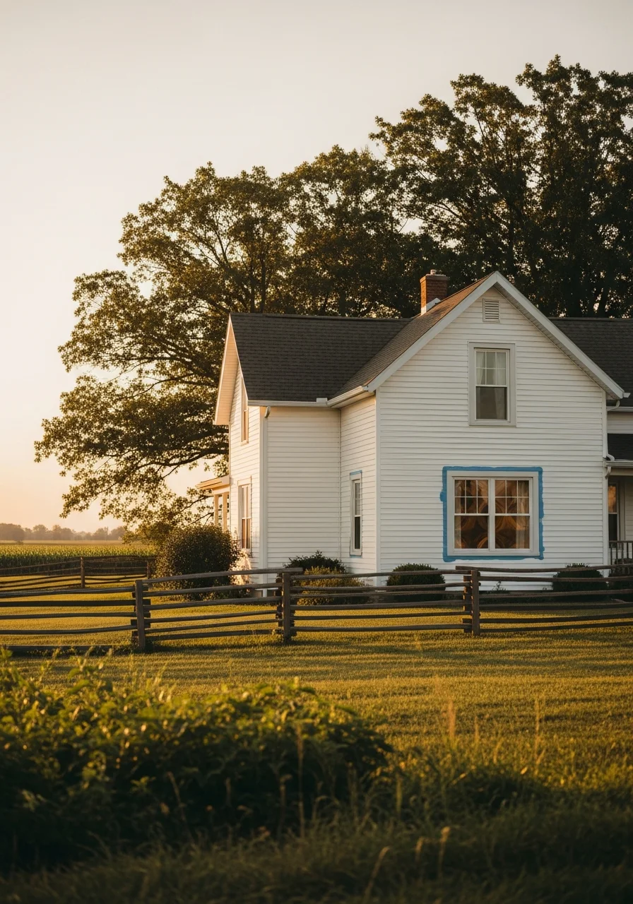 Rural Montgomery County landscape with agricultural fields and residential homes in Indiana