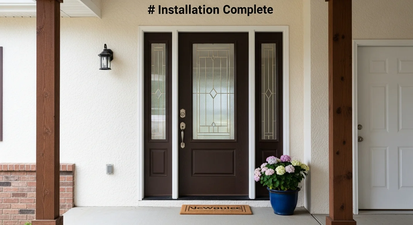 A newly installed exterior entry door on a residential home in Montgomery County, Indiana, with a clean frame fit and no visible gaps around the edges. The door is viewed from the front of the home, showing the finished installation against the exterior facade.