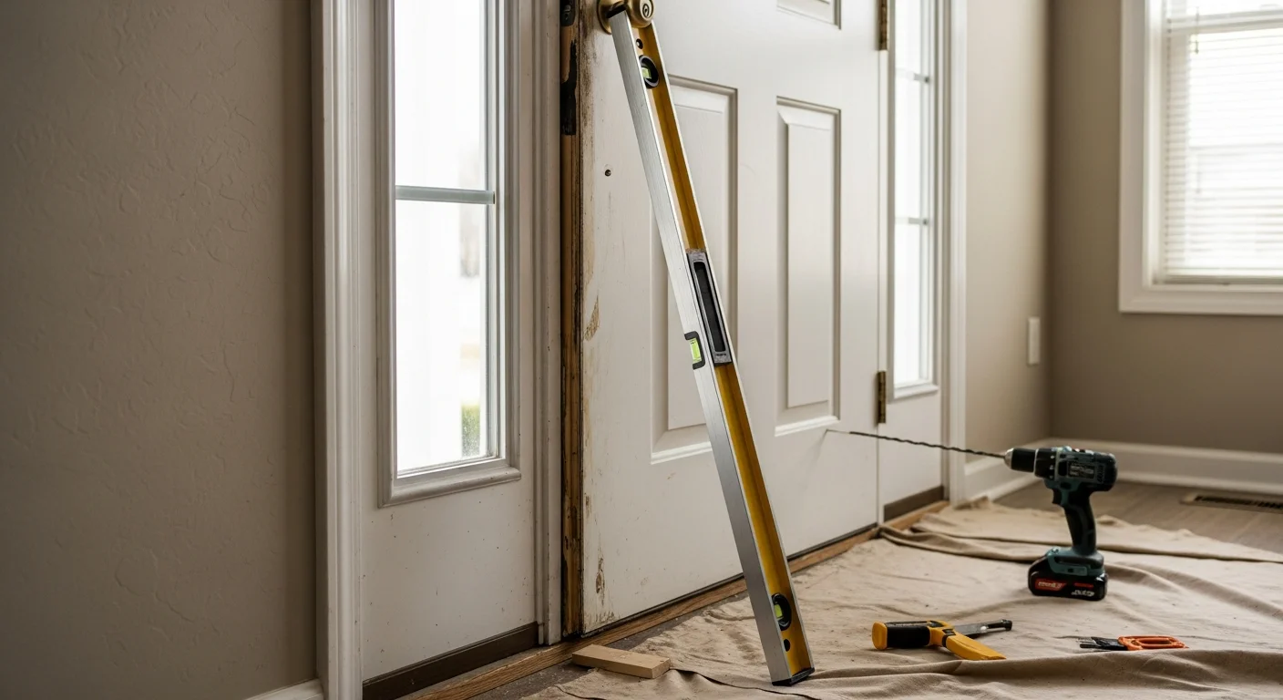 A repaired residential exterior entry door on a single-family home in Montgomery County, showing a properly aligned door frame and closed door with no visible gaps. A technician from AZ Installers checks the door swing and latch function from the exterior.