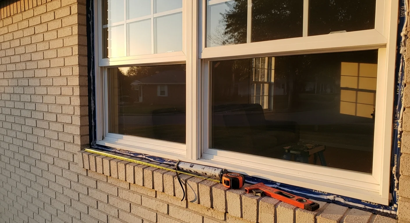 A newly installed double-hung window on the exterior of a colonial-style home in Montgomery County, Indiana, with clean white frames and a tight seal against the brick surround. Both sashes are visible and properly aligned, showing the finished installation result.