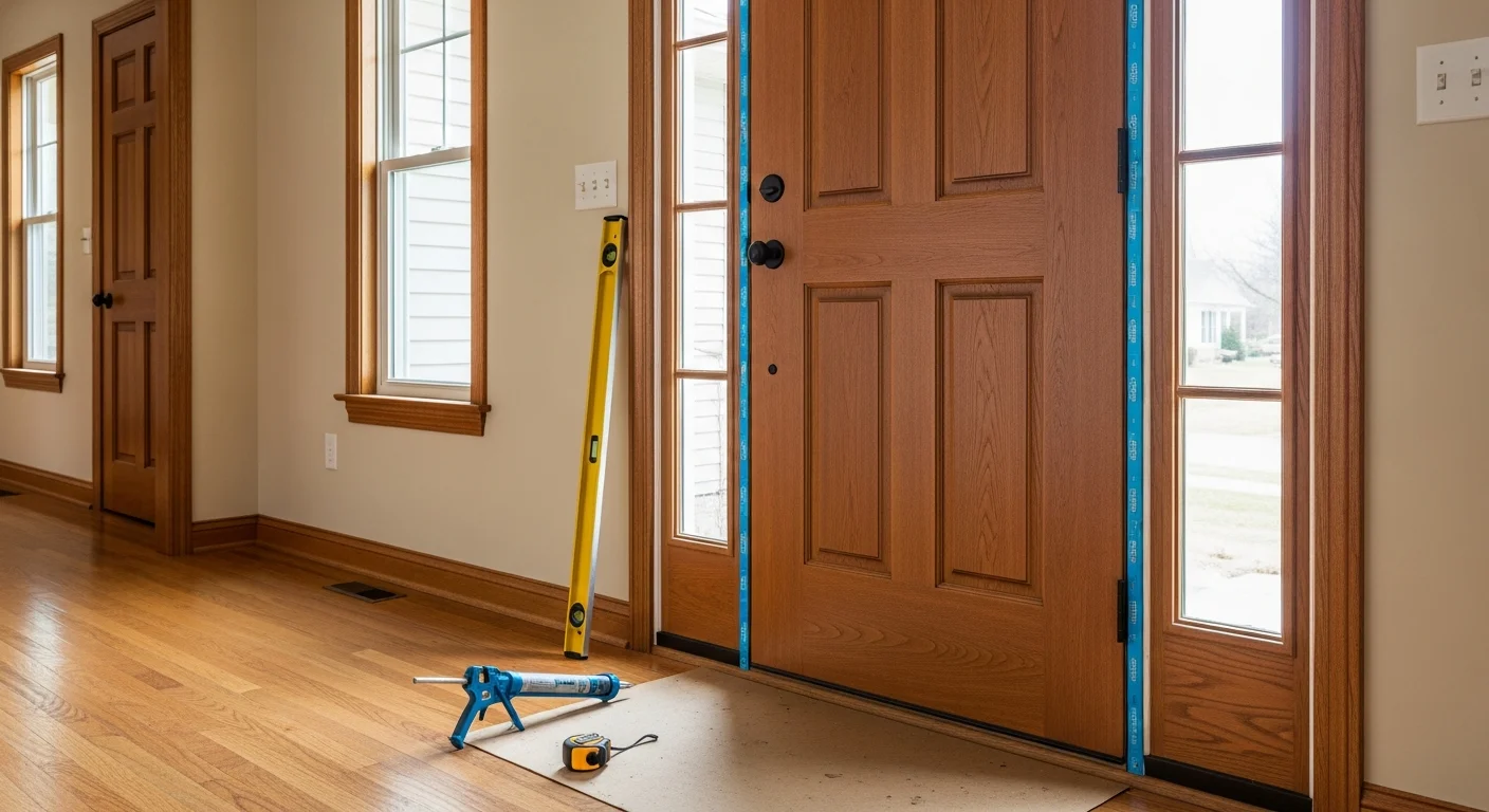 A newly installed residential entry door on a single-family home in Montgomery County, Indiana, with a clean frame, fresh exterior trim, and a solid lockset visible from the front stoop. The surrounding siding and threshold show no gaps or damage, reflecting a complete professional installation.