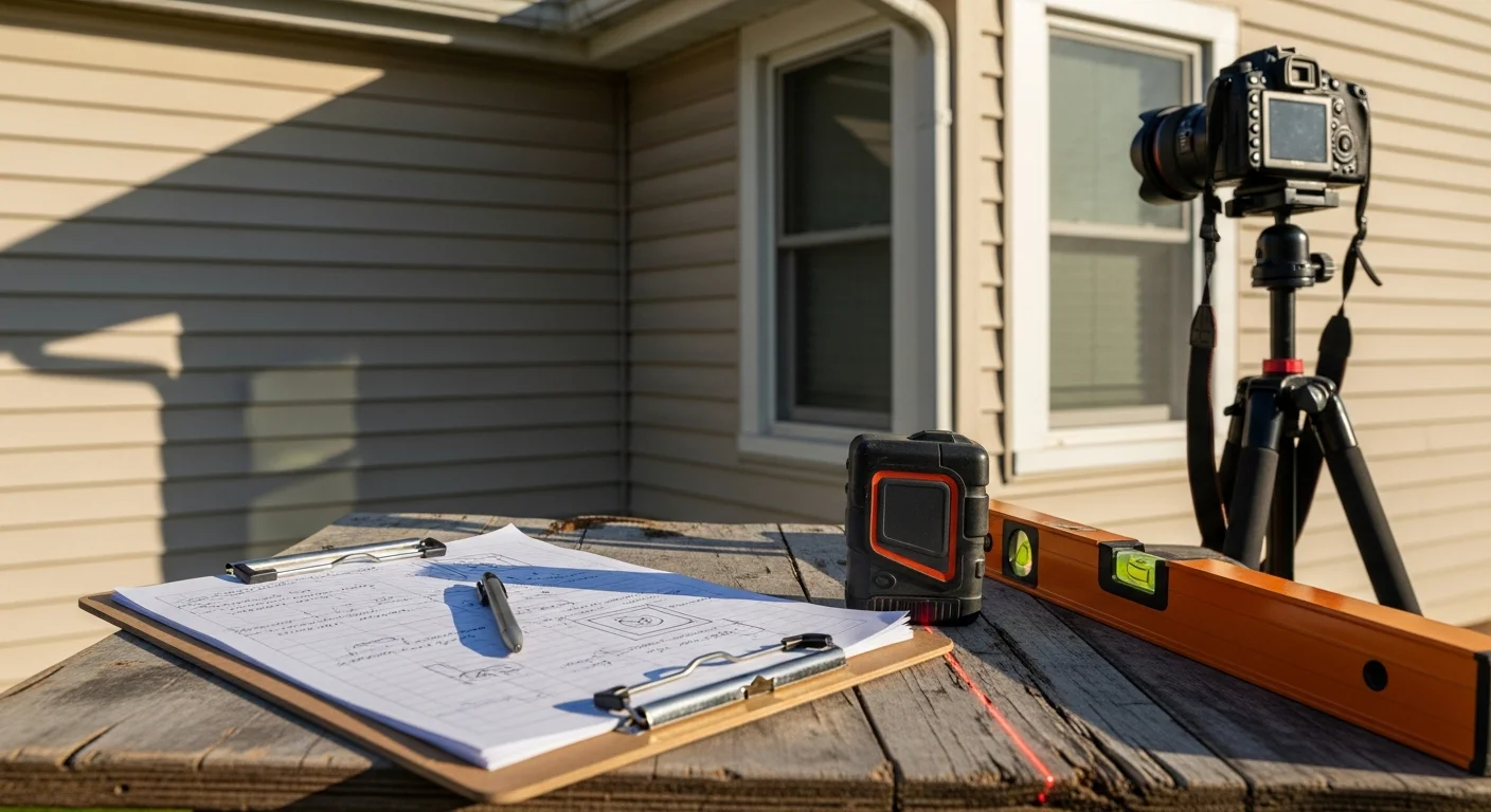 AZ Installers contractor conducting an exterior renovation consultation at a residential home in Montgomery County, IN. The contractor reviews the condition of the siding and roofline up close during an on-site property walkthrough.