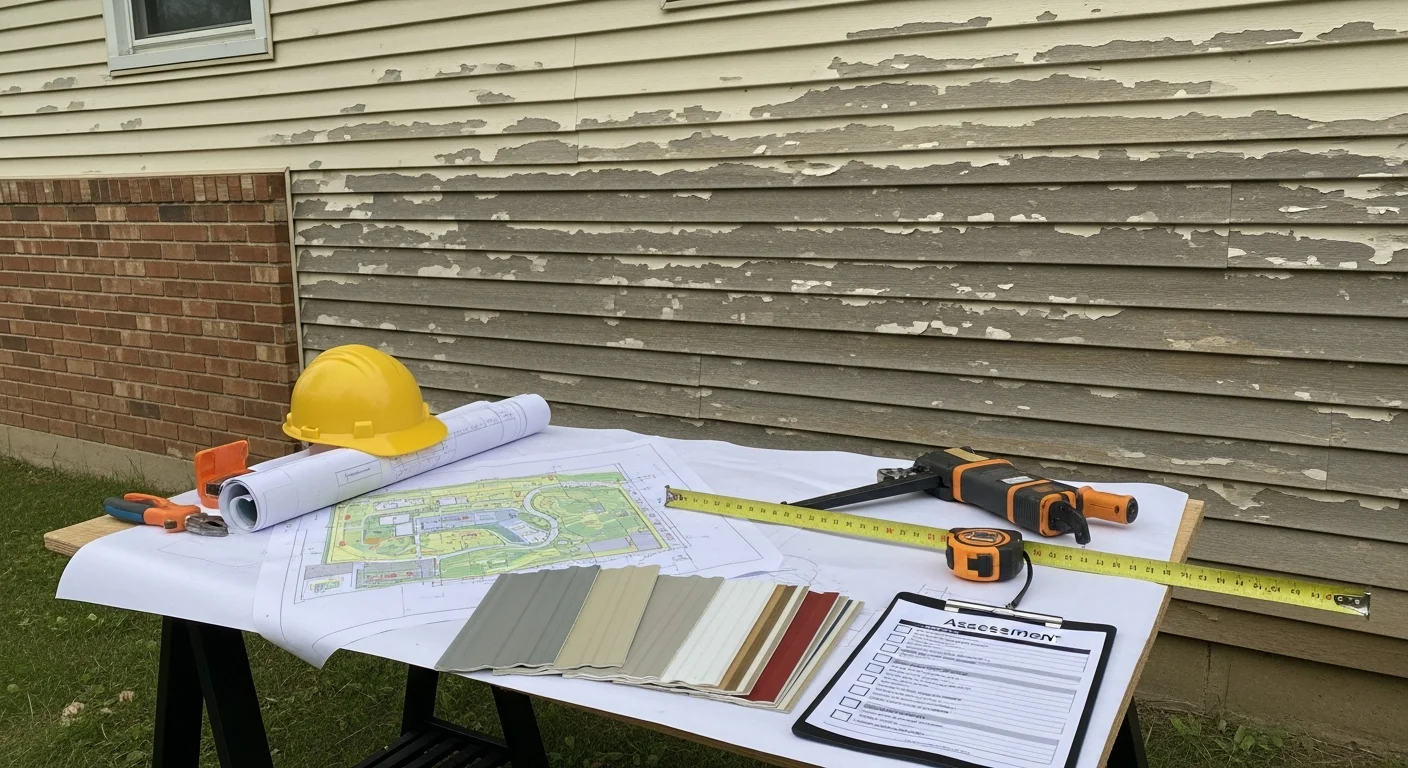 A Montgomery County home exterior showing updated siding, trim, and roofline after a planned upgrade project. A contractor reviews the finished work against a scope-of-work document on a clipboard.