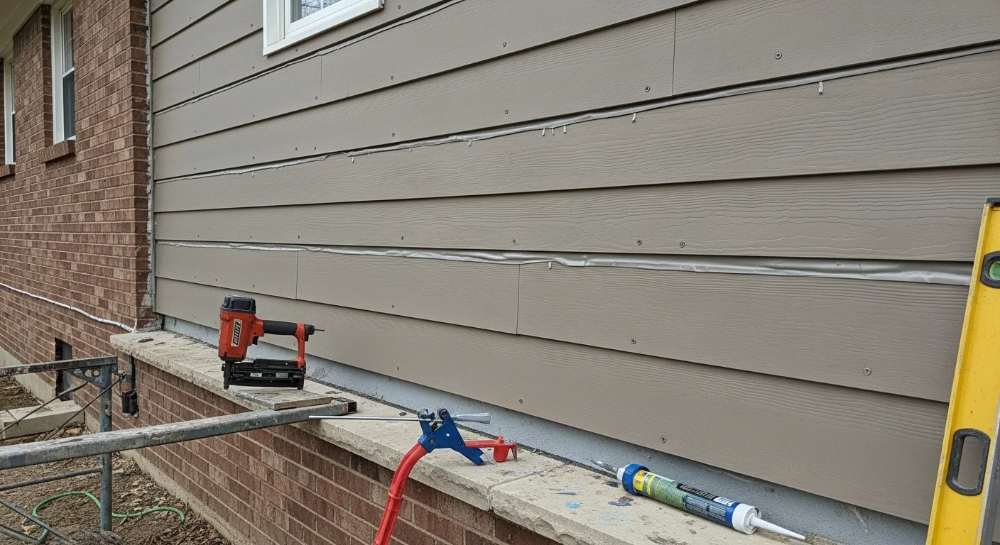 Newly installed fiber cement siding on a two-story single-family home in Montgomery County, Indiana. The panels are evenly aligned with clean trim edges and a freshly finished exterior.