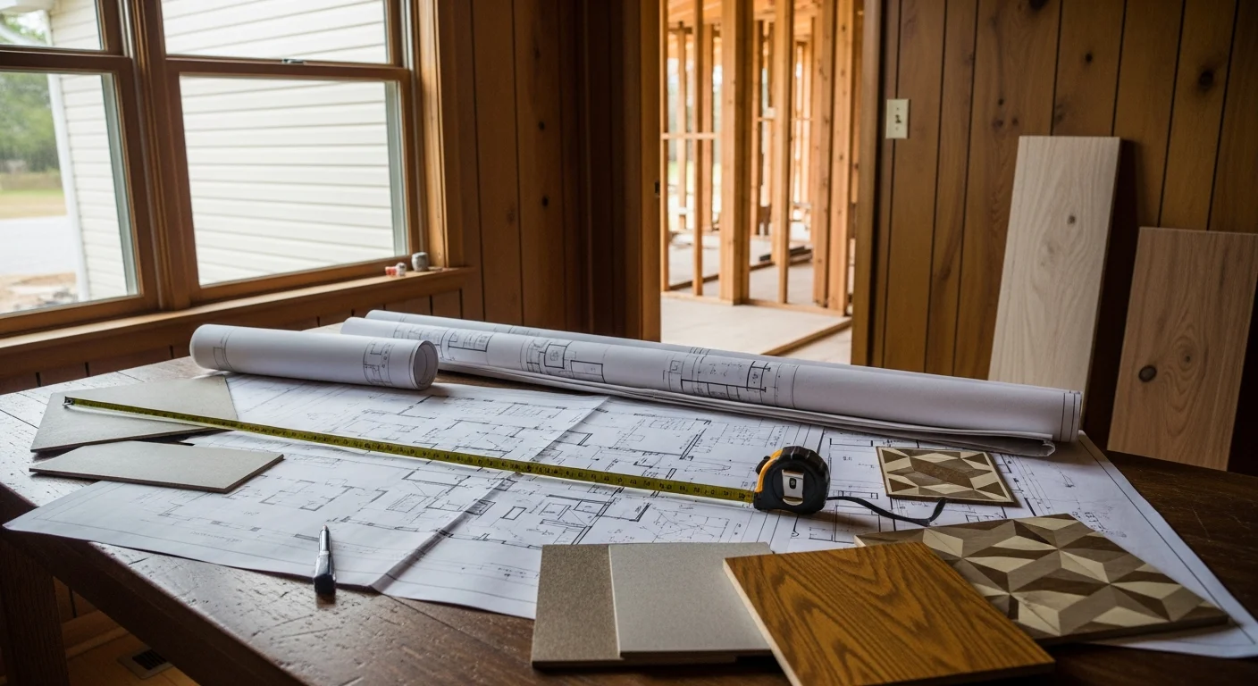 A Montgomery County home interior showing a kitchen and adjacent living area mid-consultation, with a contractor and homeowner reviewing layout options at a table. The space reflects a mid-century residential build typical of the county's established neighborhoods.