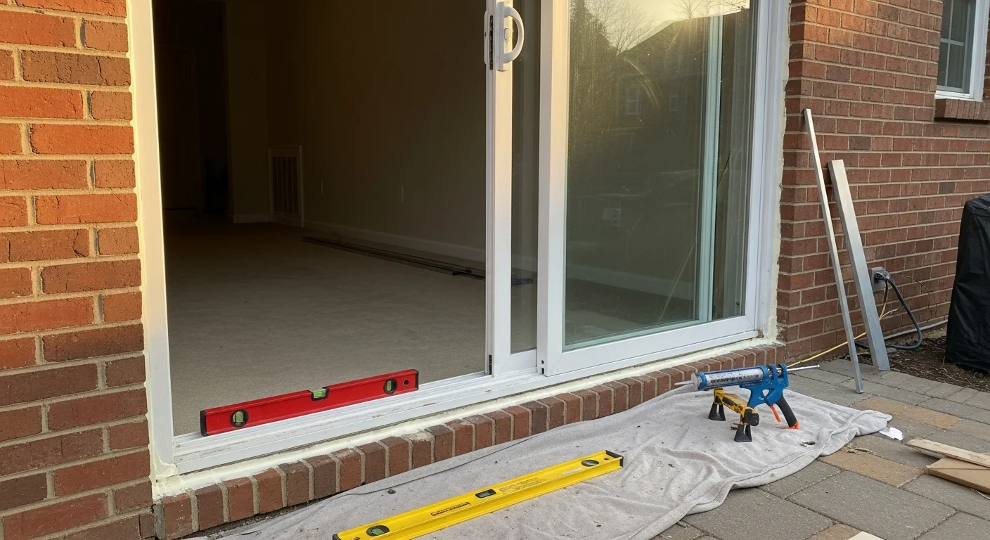 A newly installed sliding patio door on the rear of a suburban home in Montgomery County, showing a clean aluminum frame, clear insulated glass panels, and a level threshold flush with the interior floor. The door opens to a backyard patio with the door hardware and weatherstripping visible in the foreground.