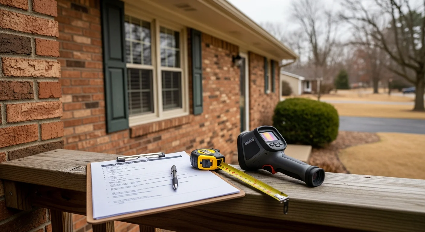 A home improvement contractor reviewing the exterior condition of a residential property in Montgomery County, Indiana. The contractor takes notes on a clipboard while inspecting the roofline and siding of a single-family home.