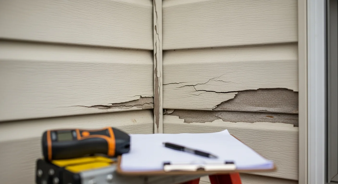 An AZ Installers contractor examining the siding panels and corner trim on a residential home in Montgomery County. Close-up view shows the inspector checking seams and joints for cracks and moisture damage on the home's exterior wall.
