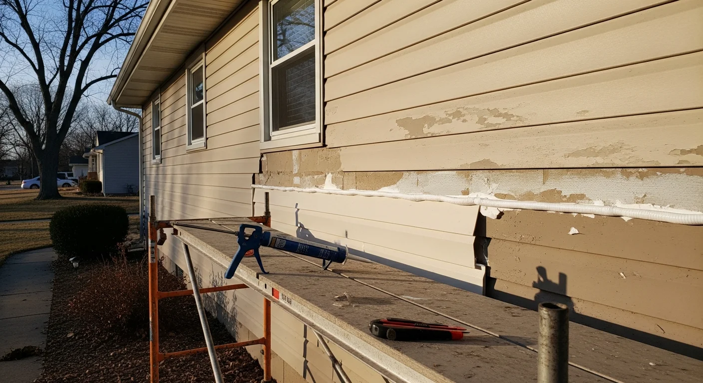 A Montgomery County home exterior showing freshly repaired siding panels with clean seams and consistent color along the front facade. A siding contractor inspects the completed repair area on a residential property.