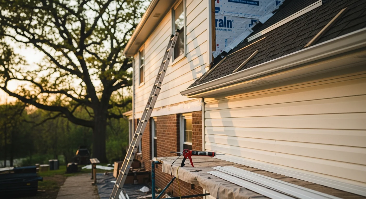 Freshly installed white vinyl siding panels covering the exterior of a single-family home in Montgomery County, Indiana. New trim and corner pieces frame the windows and roofline on a clear day.