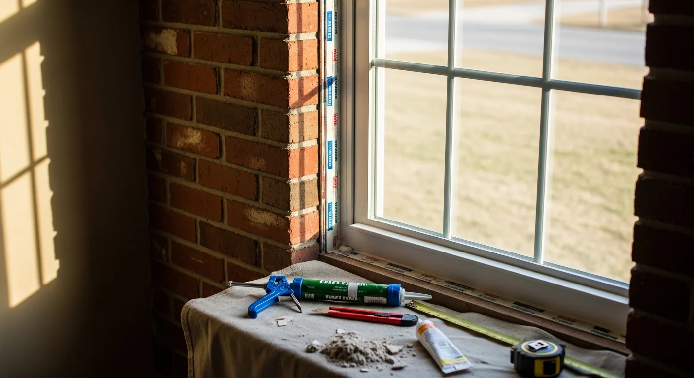 A newly installed double-hung window on the exterior of a residential home in Montgomery County, with clean trim lines and a tight frame seal visible against the siding. The interior view shows clear glass with no condensation and a smooth painted sill.