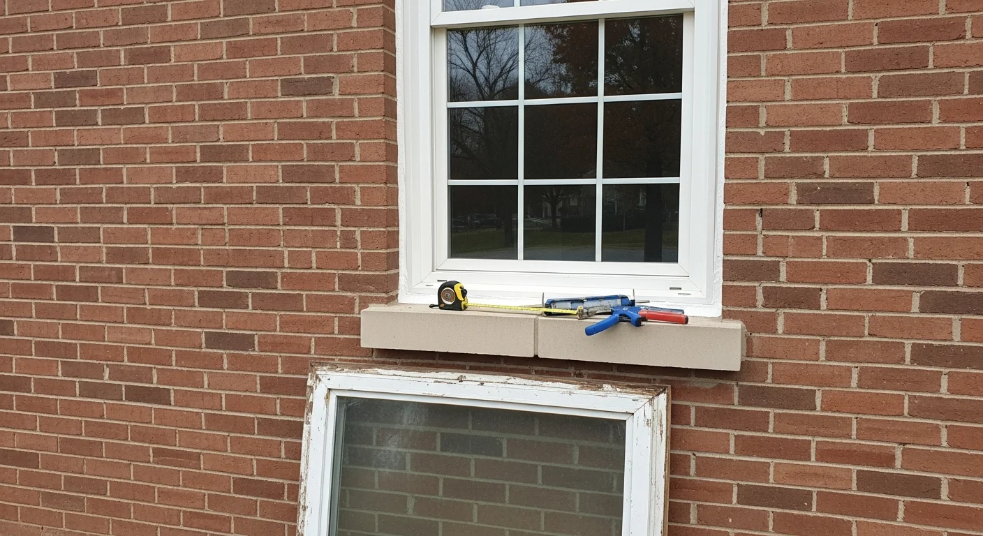 A newly installed replacement window on a suburban home in Montgomery County, IN, with clean framing and no visible gaps along the exterior trim. The window is fully closed and latched, set against brick siding typical of the area.
